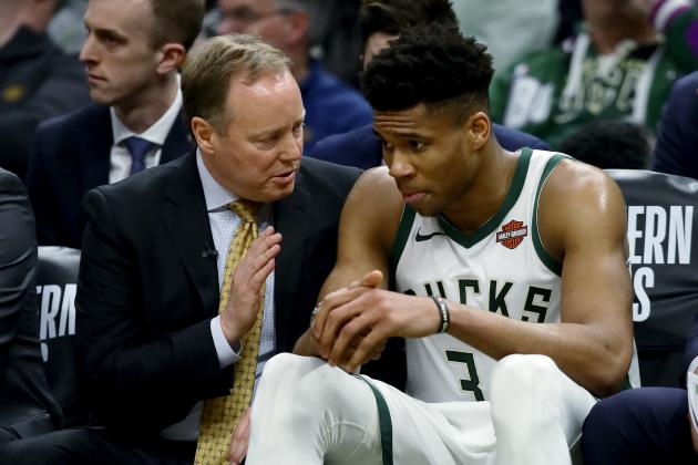 MILWAUKEE, WISCONSIN - MAY 17:  Head coach Mike Budenholzer of the Milwaukee Bucks meets with Giannis Antetokounmpo #34 in the third quarter against the Toronto Raptors during Game Two of the Eastern Conference Finals of the 2019 NBA Playoffs at the Fiserv Forum on May 17, 2019 in Milwaukee, Wisconsin. NOTE TO USER: User expressly acknowledges and agrees that, by downloading and or using this photograph, User is consenting to the terms and conditions of the Getty Images License Agreement. (Photo by Jonathan Daniel/Getty Images)