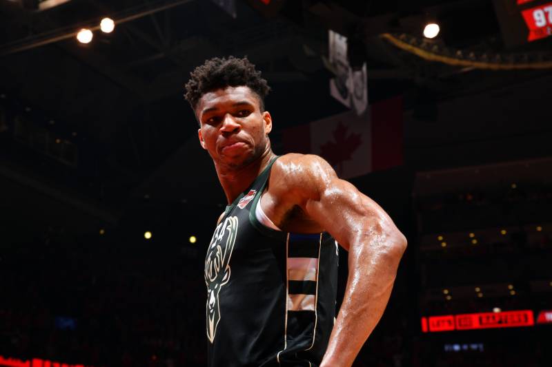 TORONTO, CANADA - MAY 25: Giannis Antetokounmpo #34 of the Milwaukee Bucks looks on during a game against the Toronto Raptors during Game Six of the Eastern Conference Finals on May 25, 2019 at Scotiabank Arena in Toronto, Ontario, Canada. NOTE TO USER: User expressly acknowledges and agrees that, by downloading and/or using this photograph, user is consenting to the terms and conditions of the Getty Images License Agreement. Mandatory Copyright Notice: Copyright 2019 NBAE (Photo by Jesse D. Garrabrant/NBAE via Getty Images)