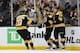 BOSTON, MASSACHUSETTS - MAY 27: Sean Kuraly #52 of the Boston Bruins is congratulated by his teammates Joakim Nordstrom #20 and Charlie McAvoy #73 after scoring a third period goal against the St. Louis Blues in Game One of the 2019 NHL Stanley Cup Final at TD Garden on May 27, 2019 in Boston, Massachusetts. (Photo by Bruce Bennett/Getty Images)