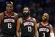 Houston Rockets center Clint Capela (15) Houston Rockets guard James Harden (13) and Houston Rockets guard Chris Paul (3) during the second half of an NBA basketball game in New Orleans, Sunday, March 24, 2019. The Rockets won 113-90. (AP Photo/Tyler Kaufman)
