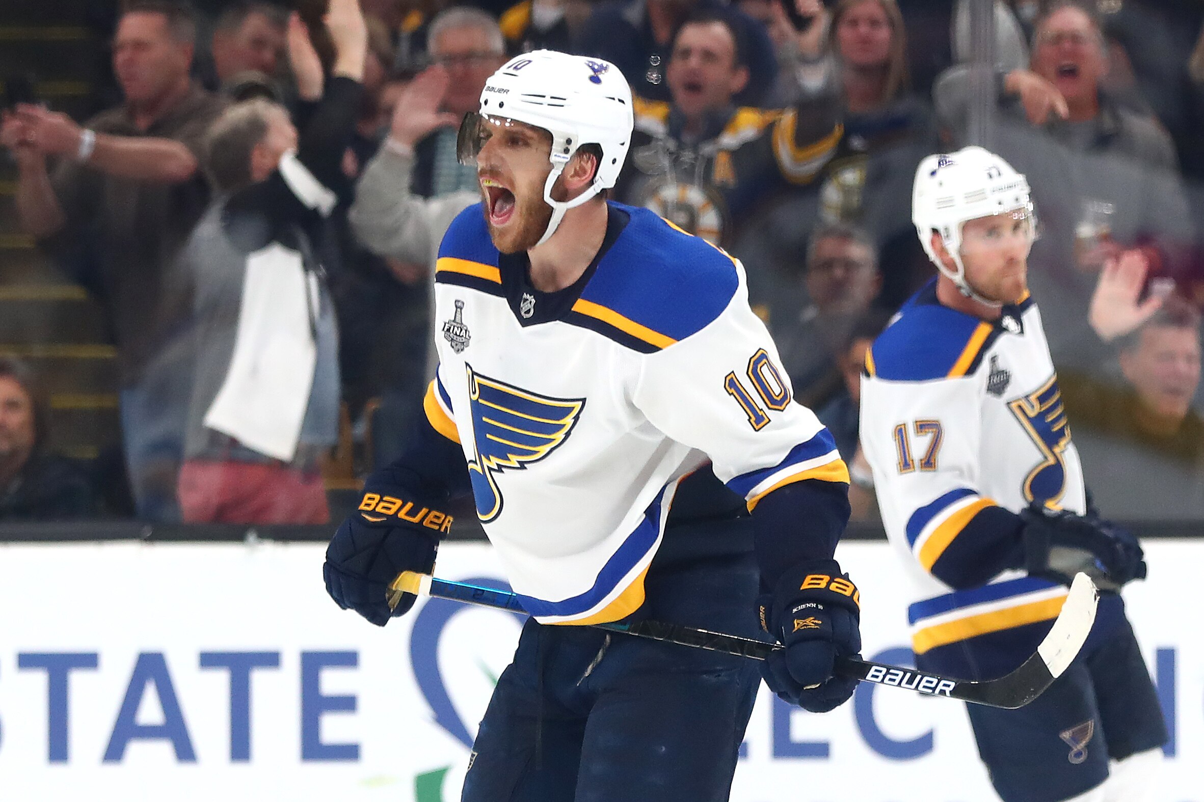 BOSTON, MASSACHUSETTS - MAY 29: Brayden Schenn #10 of the St. Louis Blues reacts against the Boston Bruins during the third period in Game Two of the 2019 NHL Stanley Cup Final at TD Garden on May 29, 2019 in Boston, Massachusetts. (Photo by Adam Glanzman/Getty Images)