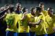Brazil's Lincoln (C) celebrates with teammates after scoring against Argentina during their South American U-20 football match at El Teniente stadium in Rancagua, Chile on February 10, 2019. (Photo by CLAUDIO REYES / AFP) (Photo credit should read CLAUDIO REYES/AFP/Getty Images)