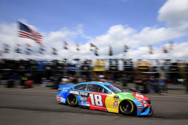 LONG POND, PENNSYLVANIA - MAY 31: Kyle Busch drives the #18 M&M's Hazelnut Toyota through the garage area during practice for the Monster Energy NASCAR Cup Series Pocono 400 at Pocono Raceway on May 31, 2019 in Long Pond, Pennsylvania. (Photo by Chris Trotman/Getty Images)
