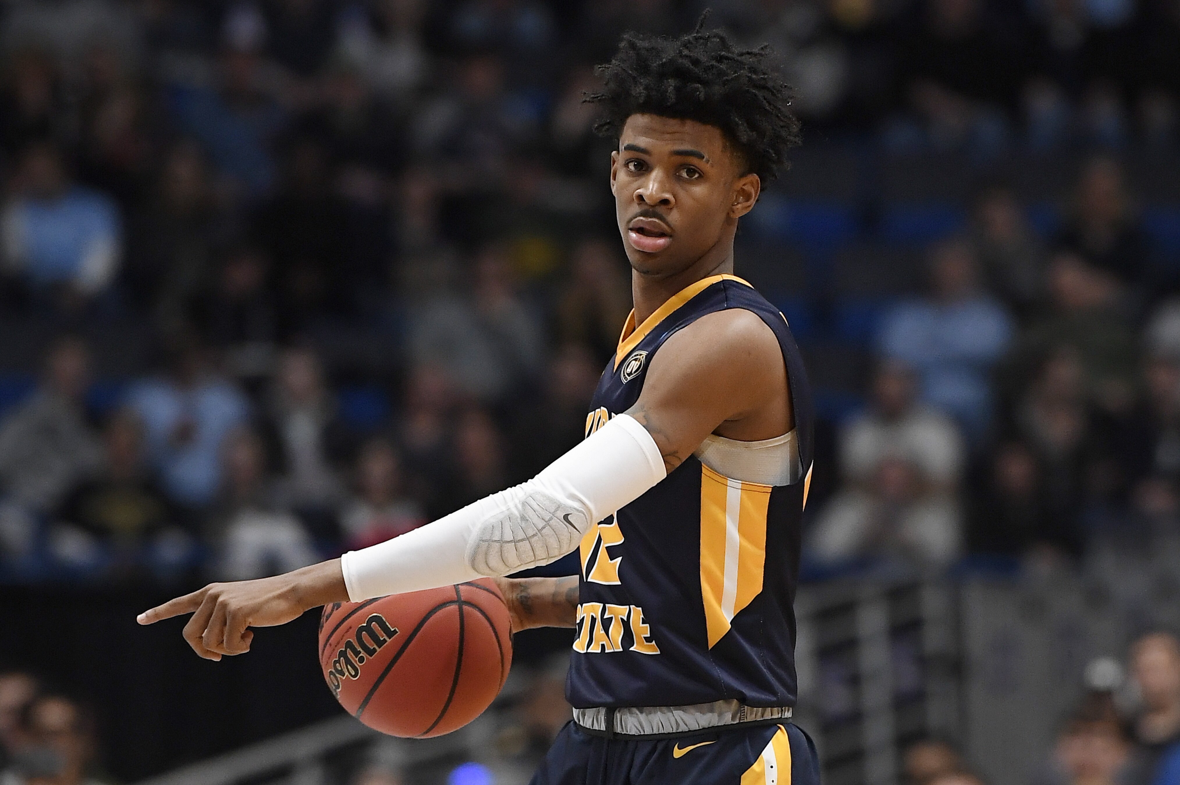 Murray State's Ja Morant (12) during the second half of a second round men's college basketball game in the NCAA tournament, Saturday, March 23, 2019, in Hartford, Conn. (AP Photo/Jessica Hill)