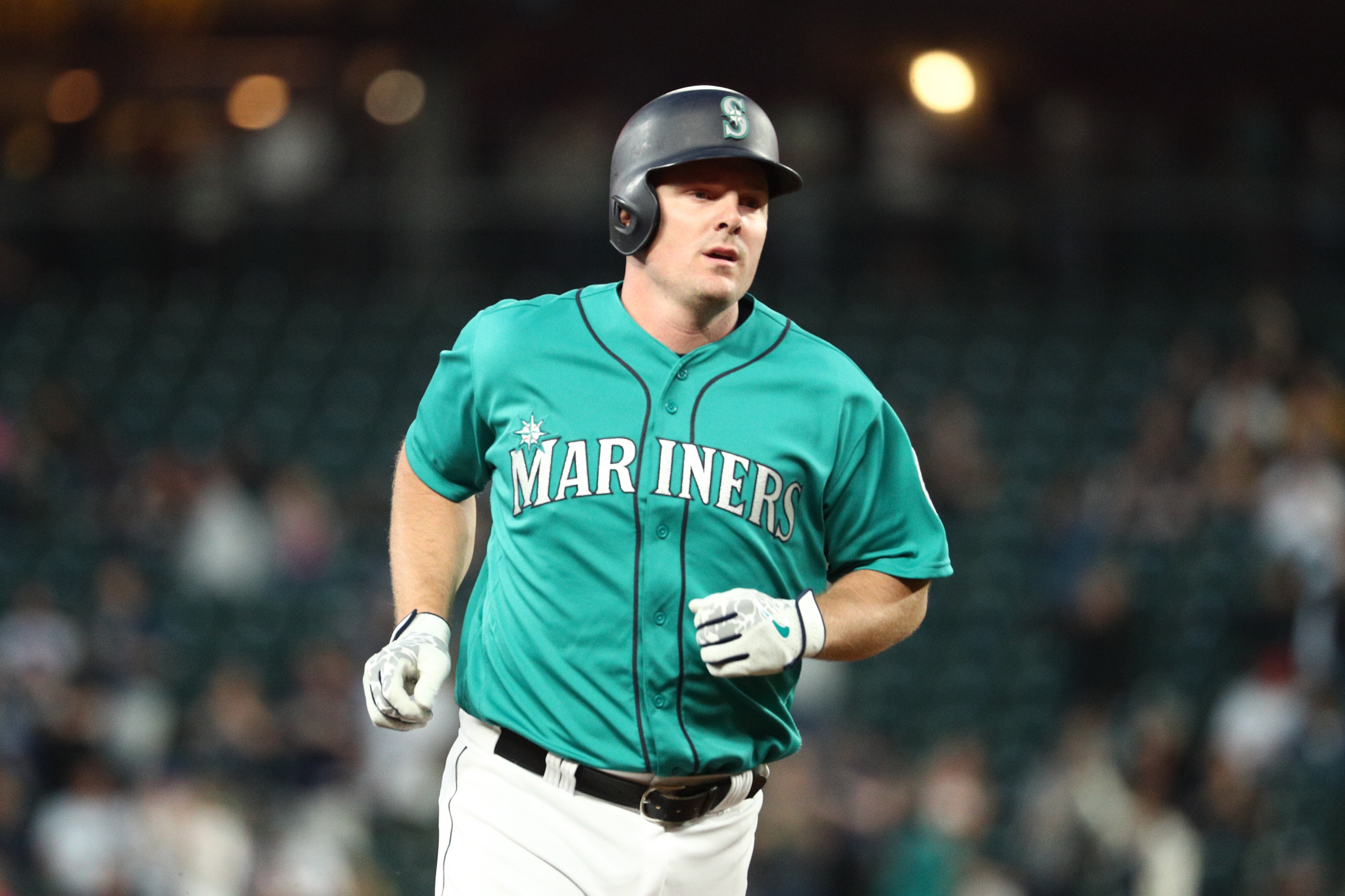 SEATTLE, WASHINGTON - MAY 31: Jay Bruce #32 of the Seattle Mariners laps the bases after hitting his 300th career home run against the Los Angeles Angels of Anaheim in the seventh inning during their game at T-Mobile Park on May 31, 2019 in Seattle, Washington. (Photo by Abbie Parr/Getty Images)