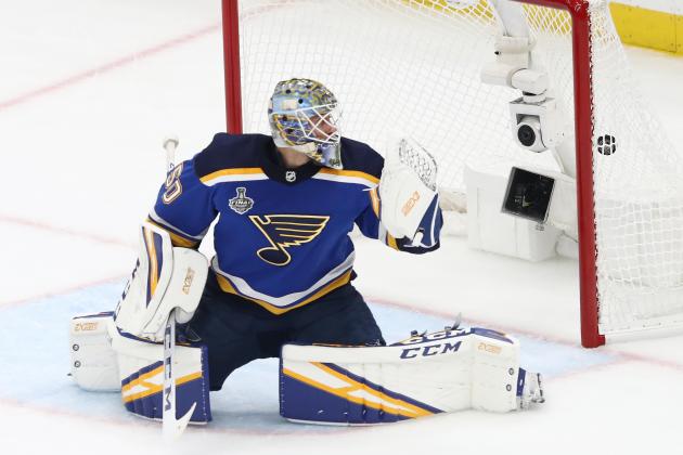 ST LOUIS, MISSOURI - JUNE 01:  Jordan Binnington #50 of the St. Louis Blues allows a first period goal to Patrice Bergeron (not pictured) #37 of the Boston Bruins in Game Three of the 2019 NHL Stanley Cup Final at Enterprise Center on June 01, 2019 in St Louis, Missouri. (Photo by Jamie Squire/Getty Images)