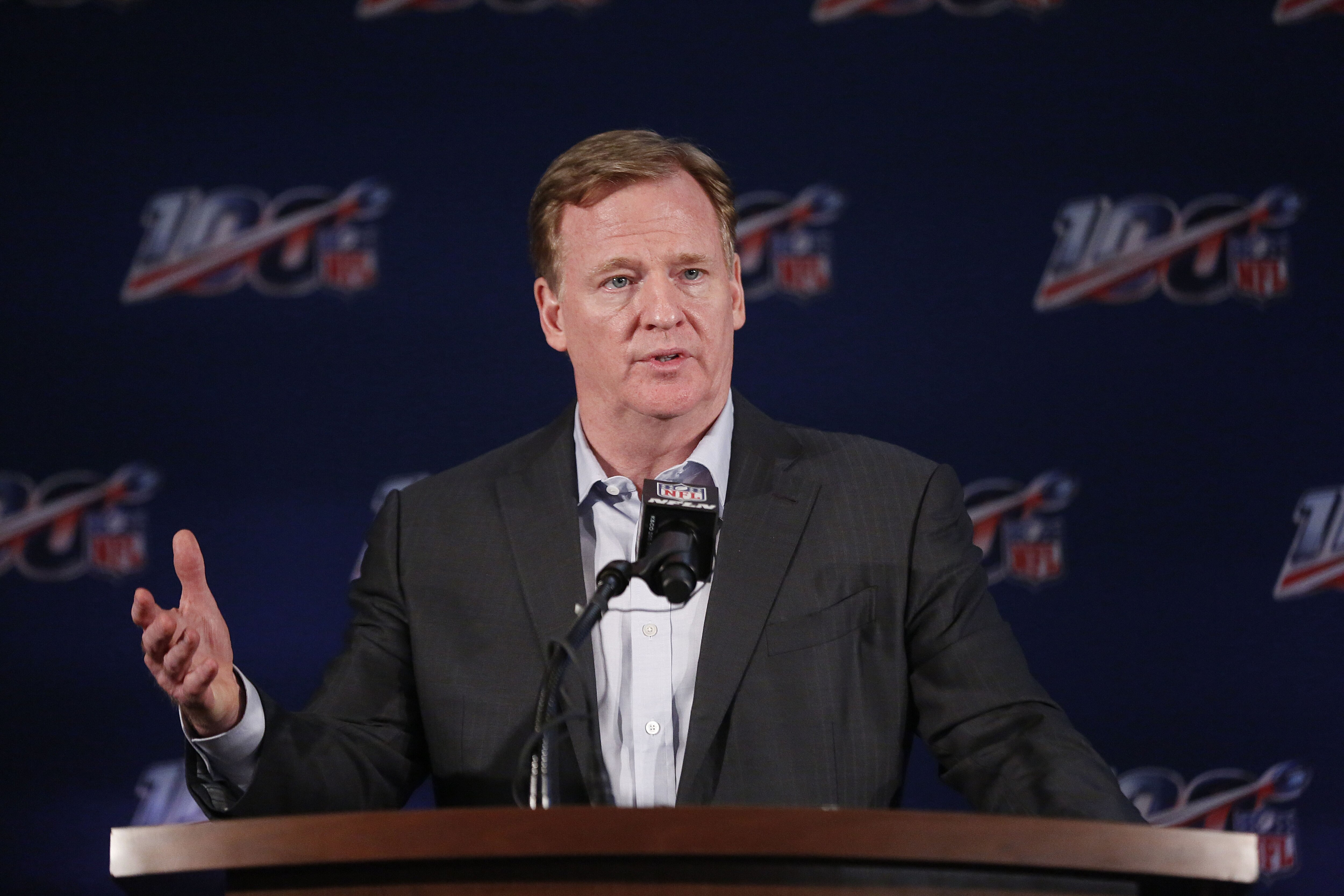 NFL Commissioner Roger Goodell speaks to the media during the NFL football owners meeting on Wednesday, May 22, 2019, in Key Biscayne, Fla. (AP Photo/Brynn Anderson)