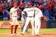 ARLINGTON, TEXAS - MAY 31: Hunter Pence #24 and Elvis Andrus #1 of the Texas Rangers greet Joey Gallo #13 at the plate after his grand slam home run against the Kansas City Royals in the sixth inning at Globe Life Park in Arlington on May 31, 2019 in Arlington, Texas. (Photo by Richard Rodriguez/Getty Images)
