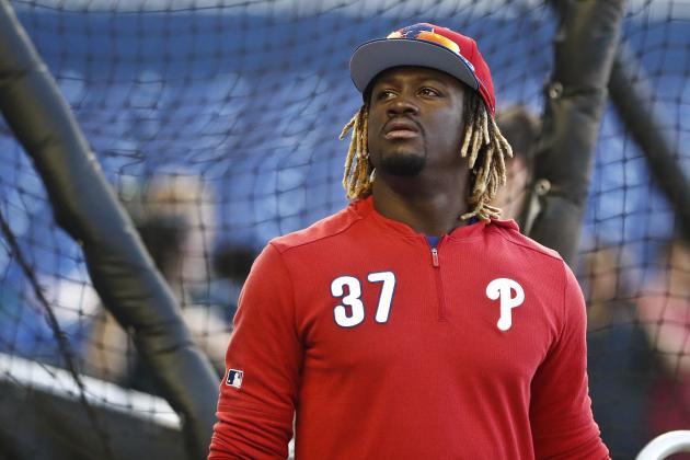 Philadelphia Phillies center fielder Odubel Herrera (37) practices before a baseball game against the Miami Marlins on Friday, April 12, 2019, in Miami. (AP Photo/Brynn Anderson)