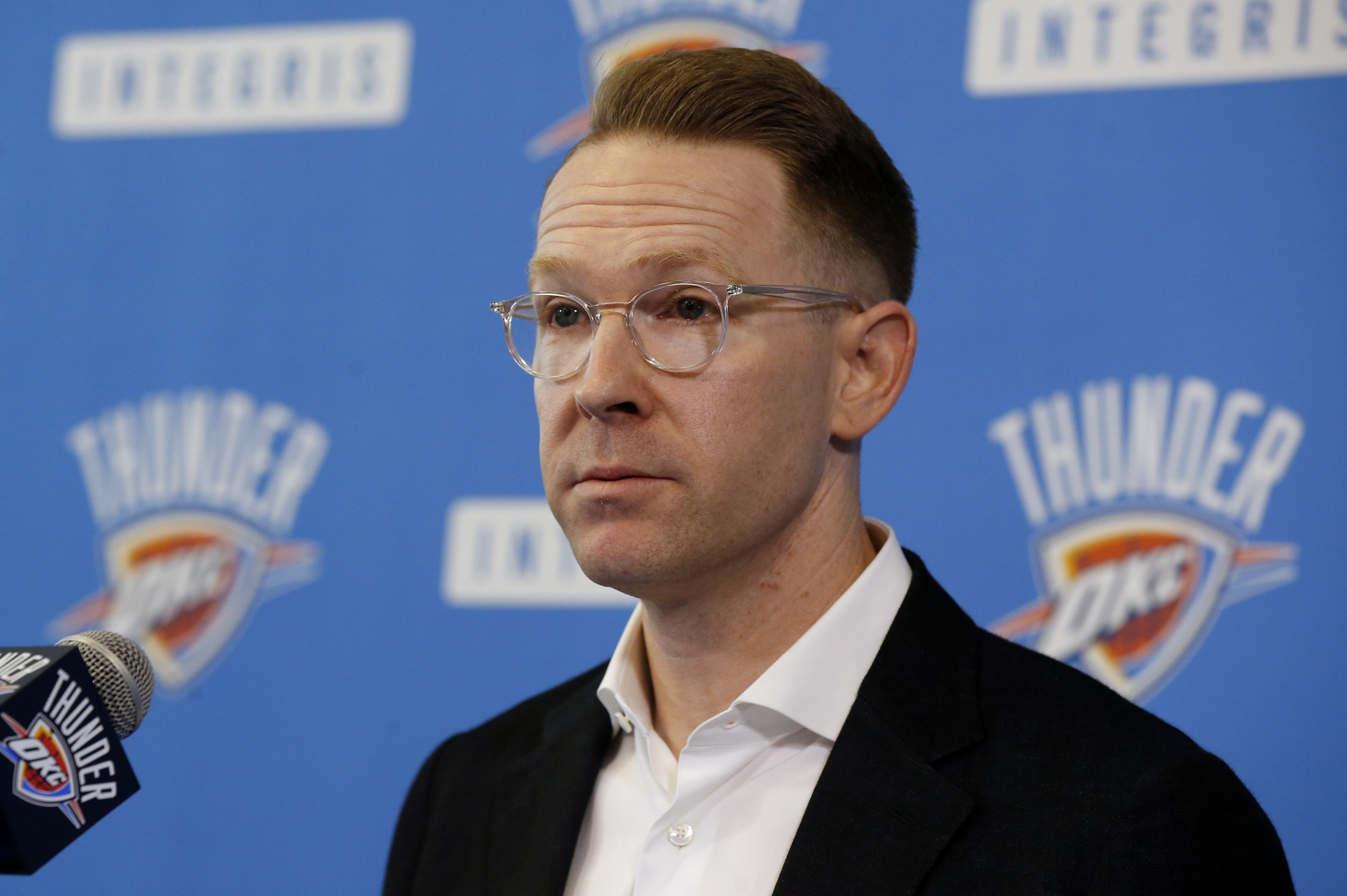 Oklahoma City Thunder general manger Sam Presti answers a question during a news conference in Oklahoma City, Wednesday, May 2, 2018. (AP Photo/Sue Ogrocki)
