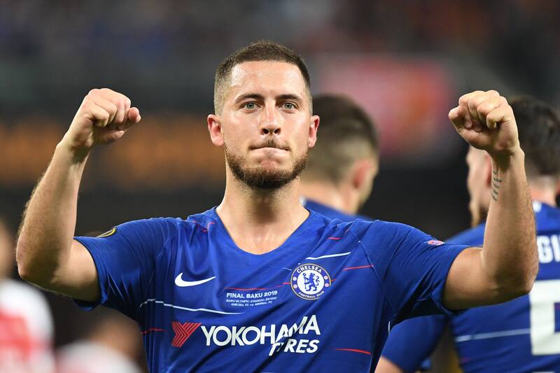 TOPSHOT - Chelsea's Belgian midfielder Eden Hazard celebrates after celebrates after scoring a goal during the UEFA Europa League final football match between Chelsea FC and Arsenal FC at the Baku Olympic Stadium in Baku, Azerbaijian, on May 29, 2019. (Photo by OZAN KOSE / AFP) (Photo credit should read OZAN KOSE/AFP/Getty Images)