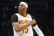 Atlanta Hawks forward Vince Carter reacts after making a three-point basket during the first half of an NBA basketball game against the Utah Jazz, Thursday, March 21, 2019, in Atlanta. (AP Photo/John Amis)