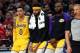 PORTLAND, OR - NOVEMBER 03: LeBron James #23, JaVale McGee #7 and Kyle Kuzma #0 of the Los Angeles Lakers watch the action against the Portland Trail Blazers at Moda Center on November 3, 2018 in Portland, Oregon. NOTE TO USER: User expressly acknowledges and agrees that, by downloading and or using this photograph, User is consenting to the terms and conditions of the Getty Images License Agreement. (Photo by Jonathan Ferrey/Getty Images)