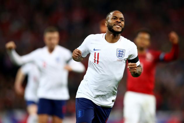 LONDON, ENGLAND - MARCH 22: Raheem Sterling of England celebrates as he scores his team's fourth goal and completes his hat trick during the 2020 UEFA European Championships Group A qualifying match between England and Czech Republic at Wembley Stadium on March 22, 2019 in London, United Kingdom.. (Photo by Clive Rose/Getty Images)