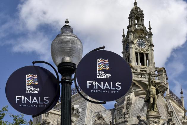 Signs promote the UEFA Nations League finals in the city center of Porto, Portugal prior the semifinal soccer match between Portugal and Switzerland, Wednesday, June 5, 2019. (AP Photo/Martin Meissner)