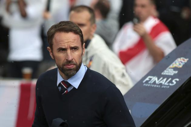 England manager Gareth Southgate looks out before the UEFA Nations League semifinal soccer match between Netherlands and England at the D. Afonso Henriques stadium in Guimaraes, Portugal, Thursday, June 6, 2019. (AP Photo/Luis Vieira)