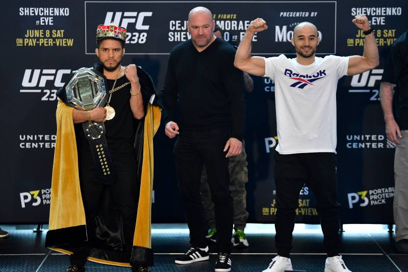 CHICAGO, IL - JUNE 06:  (L-R) Henry Cejudo and Marlon Moraes of Brazil pose for the media during the UFC 238 Ultimate Media Day at the United Center on June 6, 2019 in Chicago, Illinois. (Photo by Jeff Bottari/Zuffa LLC/Zuffa LLC via Getty Images)