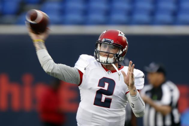 Memphis Express quarterback Johnny Manziel throws to a receiver during warms ups before an AAF football game against the Birmingham Iron, Sunday, March 24, 2019, at Liberty Bowl Memorial Stadium in Memphis, Tenn. (AP Photo/Wade Payne)