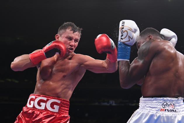 NEW YORK, NEW YORK - JUNE 08: Gannadiy Golovkin of Kazakhstan (red trunks) trades punches with Steve Rolls of Canada (white trunks) during their Super Middleweights fight at Madison Square Garden on June 08, 2019 in New York City. (Photo by Sarah Stier/Getty Images)