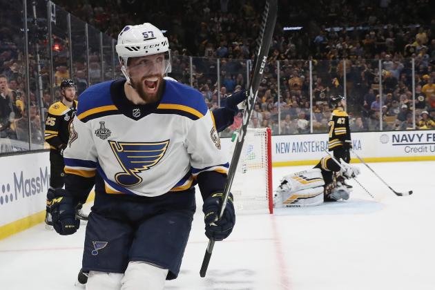 BOSTON, MASSACHUSETTS - JUNE 06: David Perron #57 of the St. Louis Blues celebrates his third period goal against the Boston Bruins in Game Five of the 2019 NHL Stanley Cup Final at TD Garden on June 06, 2019 in Boston, Massachusetts. (Photo by Bruce Bennett/Getty Images)