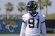Jacksonville Jaguars defensive end Yannick Ngakoue (91) prepares for drills during an NFL football practice, Tuesday, May 21, 2019, in Jacksonville, Fla. (AP Photo/John Raoux)