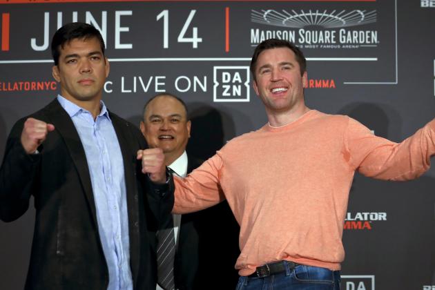 Mixed Martial Arts light-heavyweight fighters Lyoto Machida (25-8), left, and Chael Sonnen (30-16-1), right, pose during their pre-fight press conference, Tuesday April 9, 2019, in New York. Machida and Sonnen headline Bellator MMA's return to New York City at Madison Square Garden on June 14. (AP Photo/Bebeto Matthews)