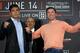 Mixed Martial Arts light-heavyweight fighters Lyoto Machida (25-8), left, and Chael Sonnen (30-16-1), right, pose during their pre-fight press conference, Tuesday April 9, 2019, in New York. Machida and Sonnen headline Bellator MMA's return to New York City at Madison Square Garden on June 14. (AP Photo/Bebeto Matthews)