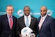 DAVIE, FL - FEBRUARY 04: Stephen Ross Chairman & Owner, Brian Flores Head Coach, Chris Grier General Manager of the Miami Dolphins poses for the media after announcing Brian Flores as their new Head Coach at Baptist Health Training Facility at Nova Southern University on February 4, 2019 in Davie, Florida. (Photo by Mark Brown/Getty Images)