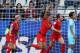 United States' forward Alex Morgan (C) celebrates after scoring the opening goal during the France 2019 Women's World Cup Group F football match between USA and Thailand, on June 11, 2019, at the Auguste-Delaune Stadium in Reims, eastern France. (Photo by Lionel BONAVENTURE / AFP) (Photo credit should read LIONEL BONAVENTURE/AFP/Getty Images)