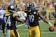 Pittsburgh Steelers wide receiver JuJu Smith-Schuster (19) celebrates with Antonio Brown after scoring his first NFL touchdown during the first half of an NFL football game against the Minnesota Vikingsin Pittsburgh, Sunday, Sept. 17, 2017. (AP Photo/Keith Srakocic)