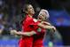 REIMS, FRANCE - JUNE 11: Alex Morgan #13 of USA celebrates her fifth goal with Megan Rapinoe #15 of USA during the 2019 FIFA Women's World Cup France group F match between USA and Thailand at Stade Auguste Delaune on June 11, 2019 in Reims, France. (Photo by Catherine Steenkeste/Getty Images)