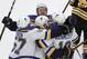 St. Louis Blues' Ryan O'Reilly, center, celebrates his goal with teammates Alex Pietrangelo, left, Sammy Blais, rear, and Jay Bouwmeester, right, during the first period in Game 7 of the NHL hockey Stanley Cup Final against the Boston Bruins, Wednesday, June 12, 2019, in Boston. (AP Photo/Charles Krupa)