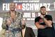 LAS VEGAS, NEVADA - JUNE 12: Boxers Tyson Fury (L) and Tom Schwarz pose during a news conference at MGM Grand Hotel & Casino on June 12, 2019 in Las Vegas, Nevada. The two will meet in a heavyweight bout on June 15 at MGM Grand Garden Arena in Las Vegas. (Photo by Ethan Miller/Getty Images)