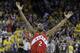 Toronto Raptors forward Kawhi Leonard celebrates after the Raptors defeated the Golden State Warriors in Game 6 of basketball's NBA Finals in Oakland, Calif., Thursday, June 13, 2019. (AP Photo/Ben Margot)
