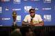 OAKLAND, CA - JUNE 13: Kawhi Leonard #2 of the Toronto Raptors talks to the media during a press conference with the Larry O'Brien Trophy after Game Six of the NBA Finals against the Golden State Warriors in Game Six of the NBA Finals on June 13, 2019 at Oracle Arena in Oakland, California. NOTE TO USER: User expressly acknowledges and agrees that, by downloading and/or using this photograph, user is consenting to the terms and conditions of the Getty Images License Agreement. Mandatory Copyright Notice: Copyright 2019 NBAE (Photo by Jack Arent/NBAE via Getty Images)