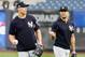 NEW YORK, NY - OCTOBER 08: (NEW YORK DAILIES OUT) Aaron Judge #99 and Giancarlo Stanton #27 of the New York Yankees during batting practice against the Boston Red Sox before Game Three of the American League Division Series at Yankee Stadium on October 8, 2018 in the Bronx borough of New York City. The Red Sox defeated the Yankees 16-1. (Photo by Jim McIsaac/Getty Images)