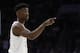 Philadelphia 76ers' Jimmy Butler reacts during the second half of Game 6 of a second-round NBA basketball playoff series against the Toronto Raptors, Thursday, May 9, 2019, in Philadelphia. 76ers won 112-101. (AP Photo/Chris Szagola)