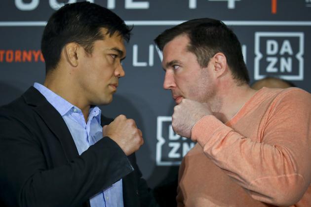 Mixed Martial Arts light-heavyweight fighters Lyoto Machida (25-8), left, and Chael Sonnen (30-16-1), right, pose during their pre-fight press conference, Tuesday April 9, 2019, in New York. Machida and Sonnen headline Bellator MMA's return to New York City at Madison Square Garden on June 14. (AP Photo/Bebeto Matthews)