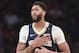 New Orleans Pelicans forward Anthony Davis (23) in the fourth quarter of an NBA basketball game, Friday, Nov. 23, 2018, in New York. (AP Photo/Howard Simmons)