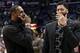 Los Angeles Lakers forward LeBron James (23) and New Orleans Pelicans forward Anthony Davis (23) after an NBA basketball game in New Orleans, Sunday, March 31, 2019. The Lakers won 130-102. (AP Photo/Tyler Kaufman)