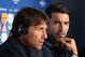 TOULOUSE, FRANCE - JUNE 16: In this handout image provided by UEFA, Head coach Antonio Conte (L) of Italy is watched by goalkeeper Gianluigi Buffon of Italy during attend the press conference at Stadium Municipal on June 16, 2016 in Toulouse, France. (Photo by Handout/UEFA via Getty Images)