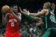 Boston Celtics' Kyrie Irving, back right, and Al Horford (42) double-team Houston Rockets' Clint Capela (15) during the second half of an NBA basketball game in Boston, Sunday, March 3, 2019. (AP Photo/Michael Dwyer)