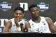 WASHINGTON, DC - MARCH 29: RJ Barrett # 5 and Zion Williamson # 1 of the Duke Blue Devils address media following the East Region 2017 NCAA Men's Basketball Tournament match against Virginia Tech Hokies at Capital One Arena from March 29, 2019 in Washington DC. (Photo by Mitchell Layton / Getty Images)