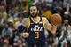 Utah Jazz guard Ricky Rubio (3) brings the ball up court during the second half of an NBA basketball game against the Los Angeles Lakers Wednesday, March 27, 2019, in Salt Lake City. (AP Photo/Rick Bowmer)