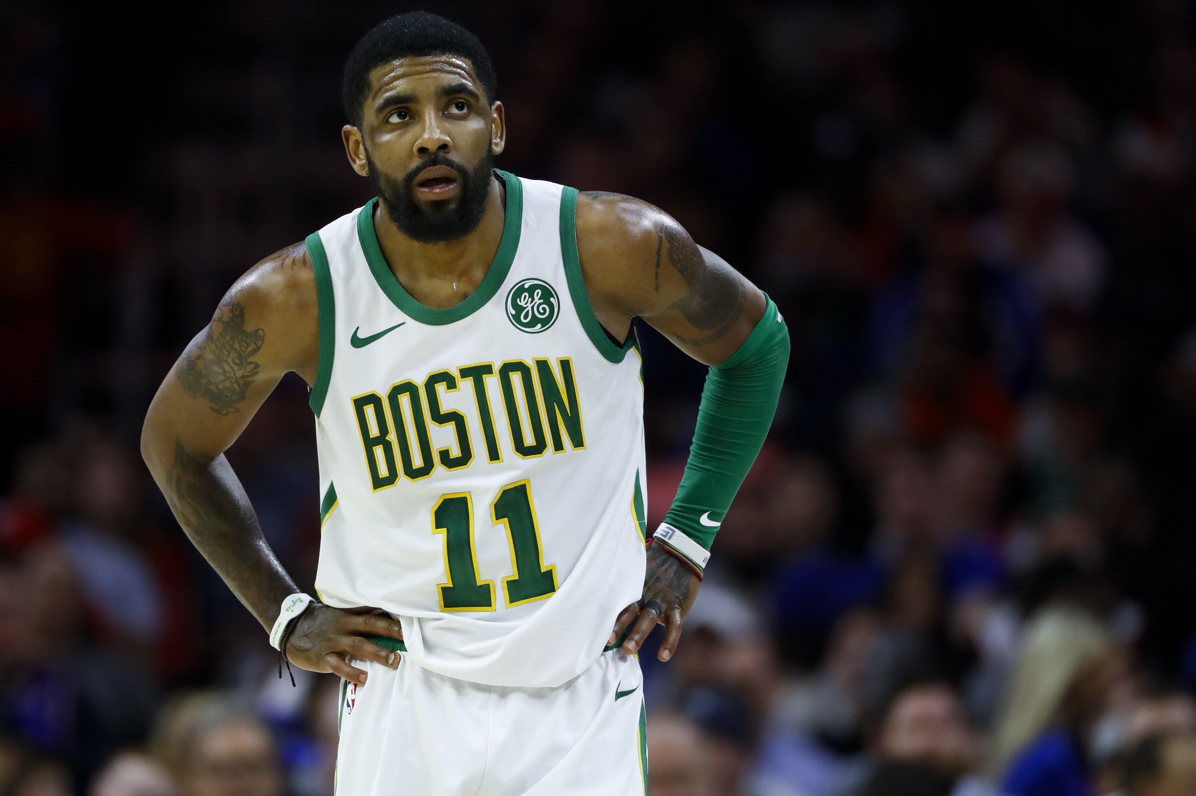Boston Celtics' Kyrie Irving in action during an NBA basketball game against the Philadelphia 76ers, Wednesday, March 20, 2019, in Philadelphia. (AP Photo/Matt Slocum)
