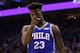 Philadelphia 76ers & # 39; Jimmy Butler responds in the first half in Game 5 in a first round NBA basketball playoff series against Brooklyn Nets, on Tuesday, April 23, 2019, in Philadelphia. 76ers won 122-100. (AP Photo / Chris Szagola)