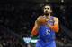 Oklahoma City Thunder's Steven Adams shoots a free throw during the first half of an NBA basketball game against the Milwaukee Bucks Wednesday, April 10, 2019, in Milwaukee. (AP Photo/Aaron Gash)