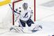 Tampa Bay Lightning goaltender Andrei Vasilevskiy (88) stops a shot on goal during the first period of an NHL hockey game against the Dallas Stars, Tuesday, Jan. 15, 2019, in Dallas. Tampa bay won 2-0. (AP Photo/Brandon Wade)