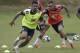 Brazil's forward Gabriel Jesus (L) and Brazil's forward Everton train during a practice session in Salvador, Bahia, Brazil, on June 19, 2019, ahead of the Copa America Group A football match against Peru to be held in Sao Paulo on June 22. (Photo by JUAN MABROMATA / AFP) (Photo credit should read JUAN MABROMATA/AFP/Getty Images)