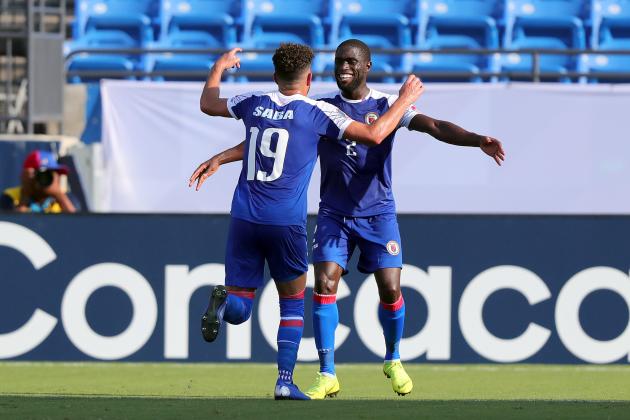 FRISCO, TEXAS - JUNE 20: Steeven Saba #19 of Haiti celebrates with Carlens Arcus #2 of Haiti after scoring against Nicaragua in the first half of the Nicaragua v Haiti: Group B - 2019 CONCACAF Gold Cup at Toyota Stadium on June 20, 2019 in Frisco, Texas. (Photo by Tom Pennington/Getty Images)
